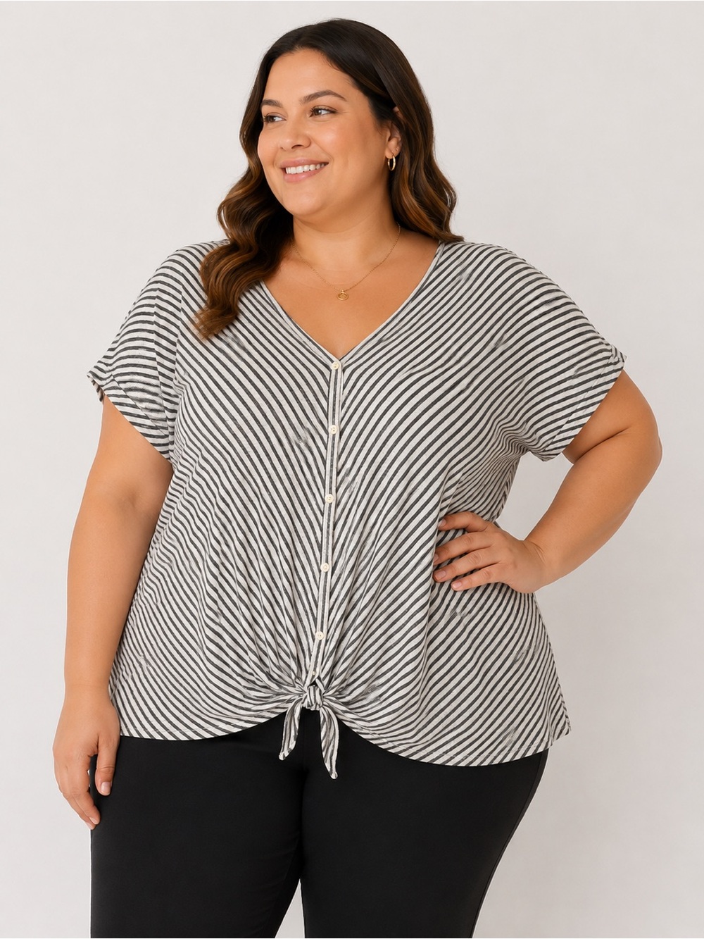 Max Studio XL Black & White Striped Tie-Front Top Short Sleeve